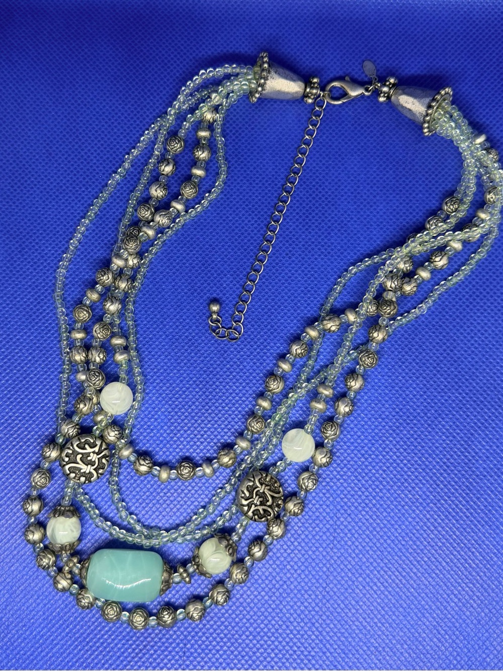 Multi-Strand Aqua Bead and Silver-Tone Statement Necklace